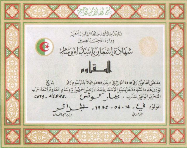 Carte d'ancien Moudjahid de Pierre Cots